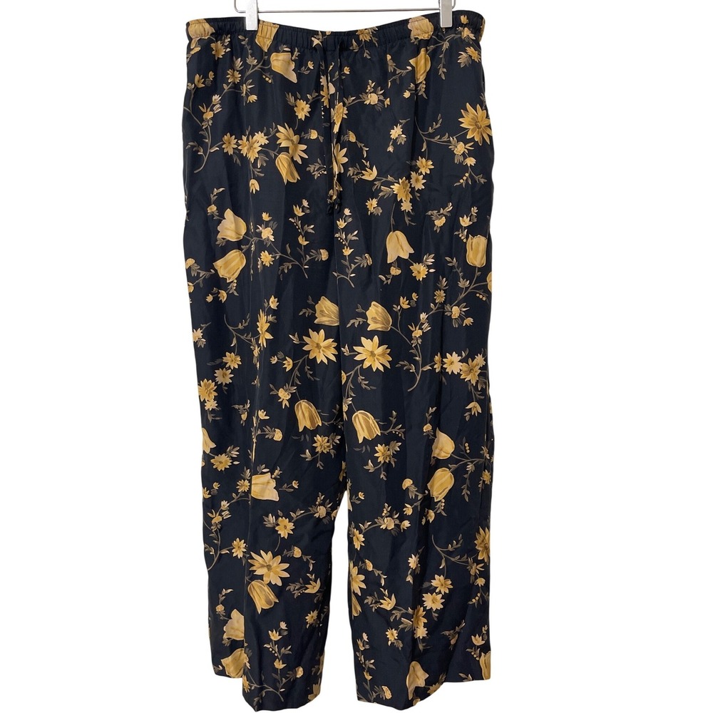Chaus Sport Floral Silk Pants 12 Black Yellow Cottagecore Botanical Boho Vintage
